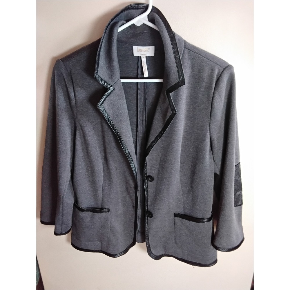 Laundry by Shelli Segal Gray‎ Knit Blazer Faux Leather Trim Elbow Patches Size 8